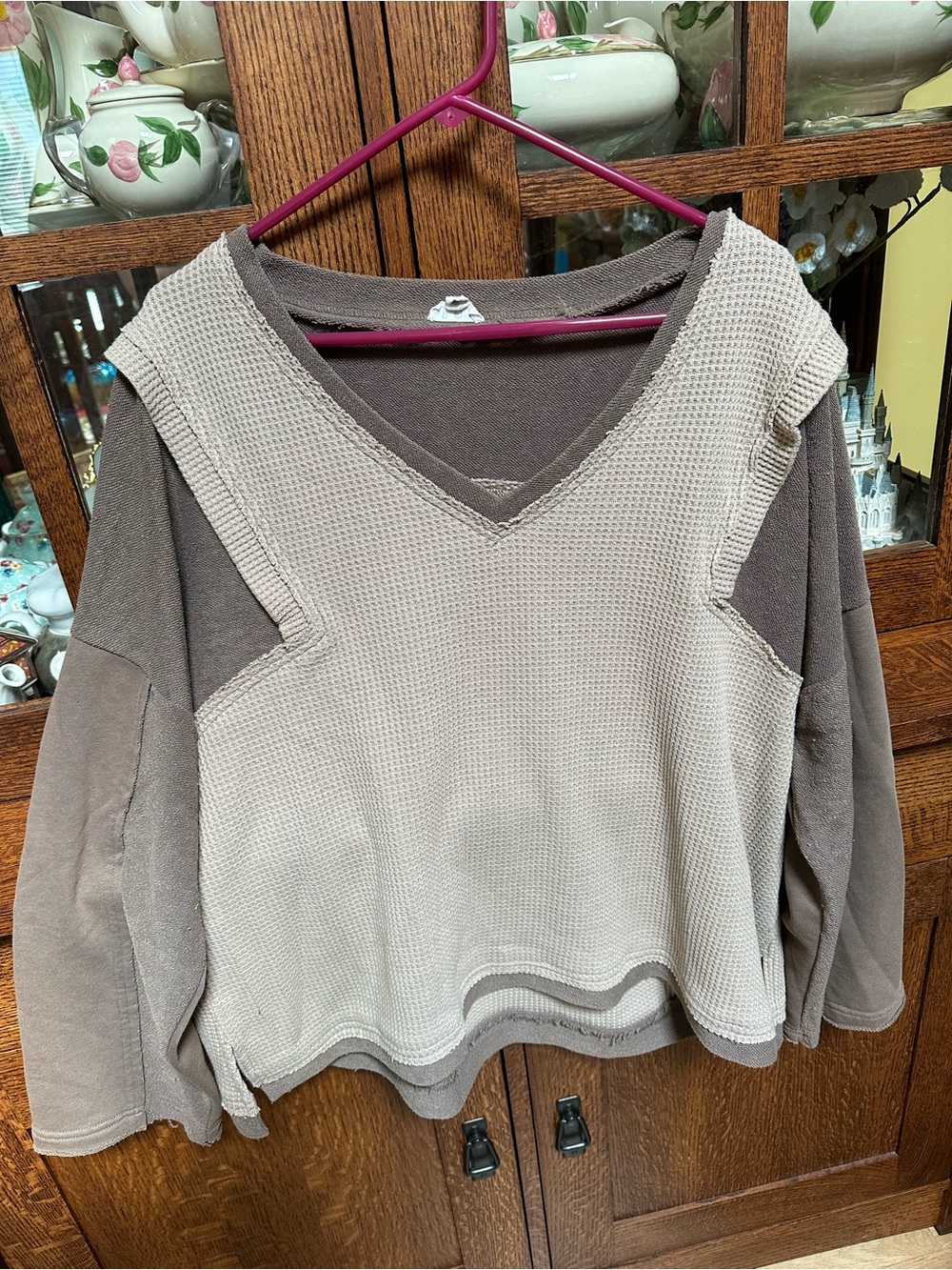 POL Layered V-Neck Sweatshirt in Taupe(dark and light)